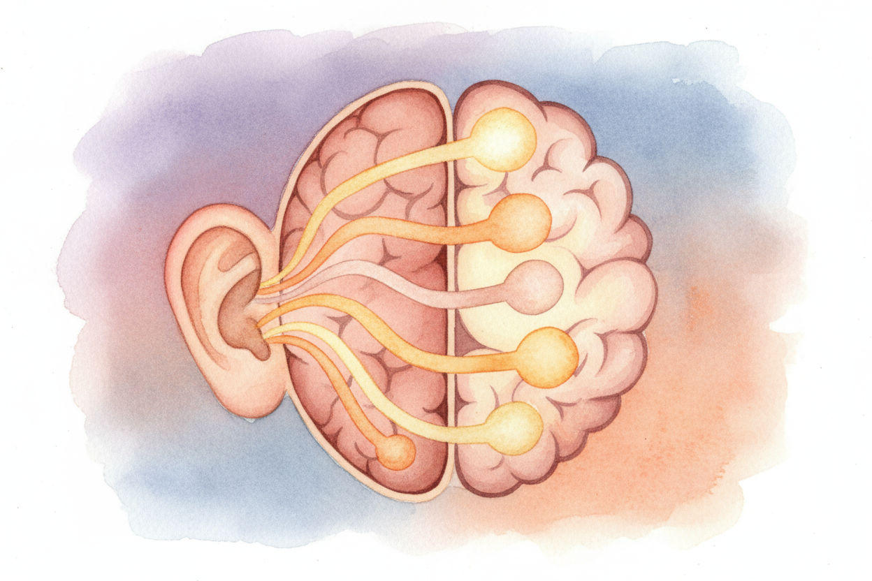 ~~It starts in your ear.~~ Sound waves hit your eardrum and get turned into electrical signals that **race to your brain