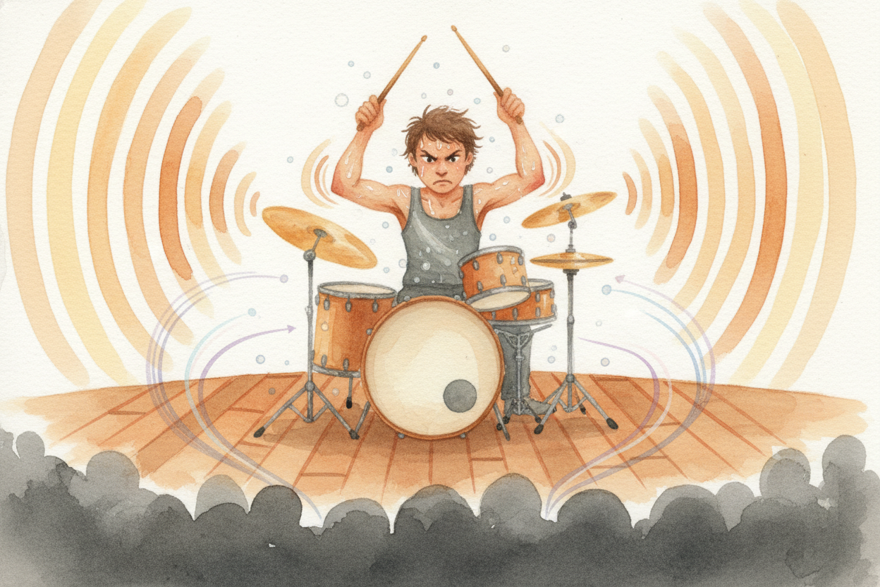 The music pushes this even further. A live drummer doesn't just keep time — they **feel the crowd's energy** and adjust,