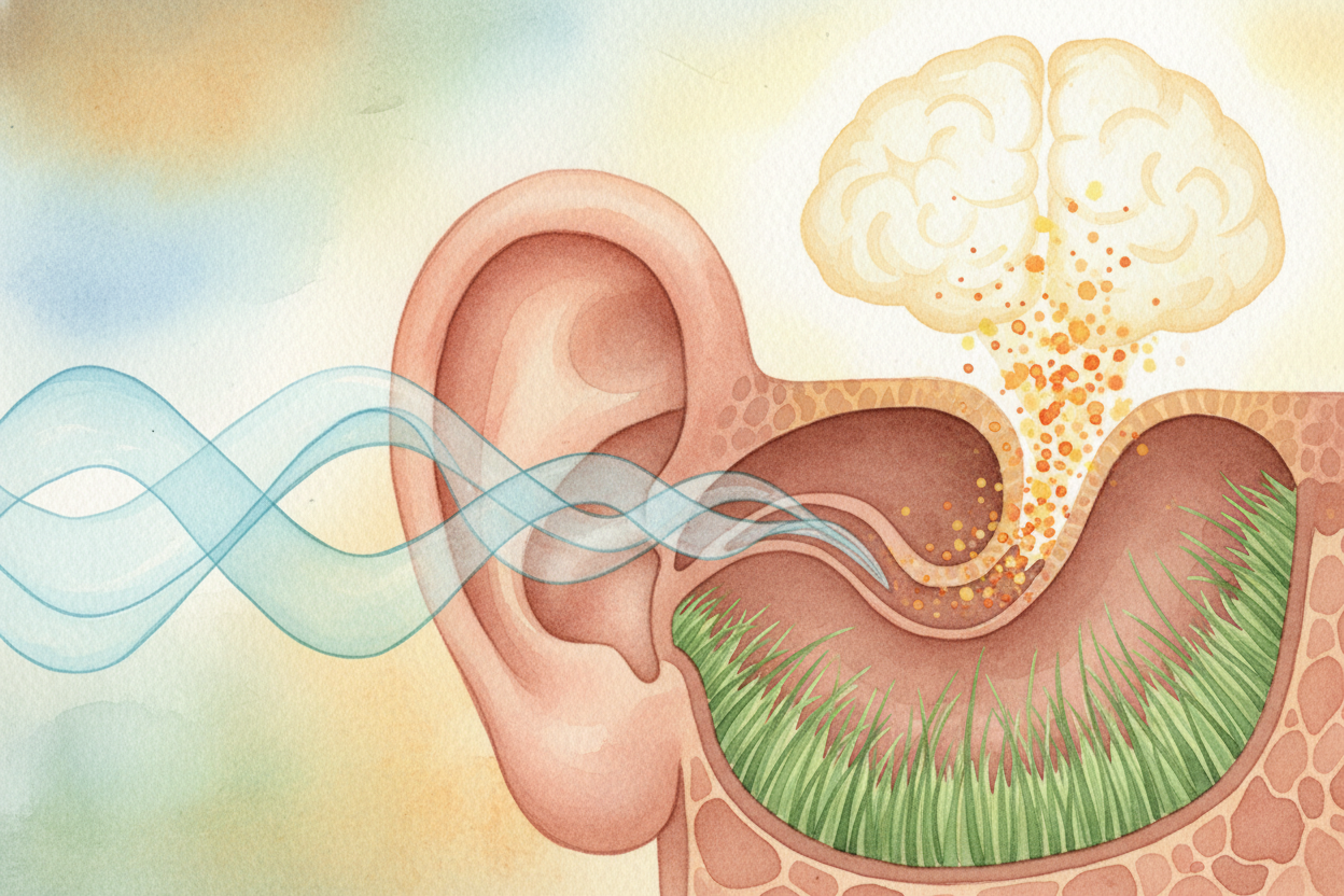 It starts in your ears, where sound waves hit tiny hairs that turn vibrations into electrical signals. Your brain reads 