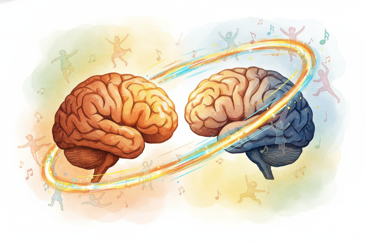 ~~Here's where it gets wild:~~ your ++auditory cortex++ (which processes sound) and your ++motor cortex++ (which control