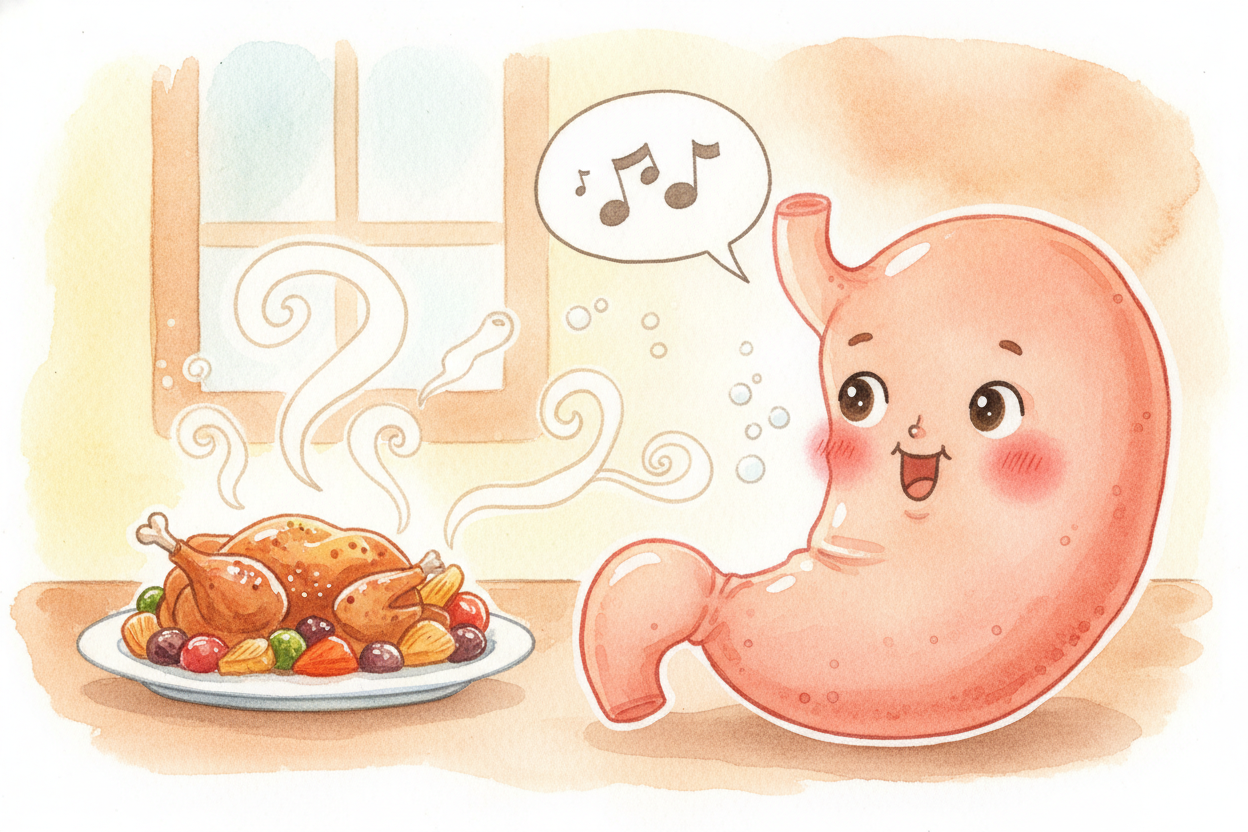 Your nose helps too. ~~Catch a whiff~~ of something delicious, or even just think about lunch, and *your brain gets exci