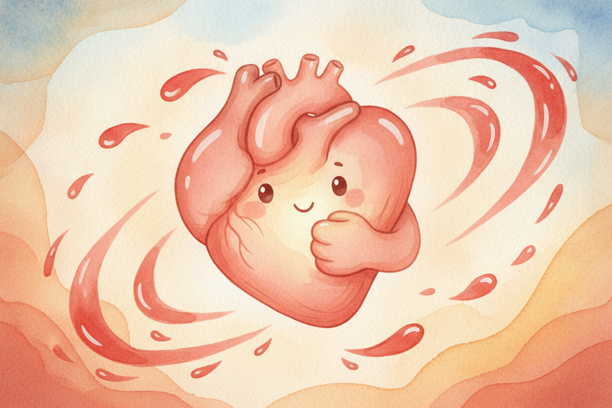 여러분의 심장은 근육이에요. **꼭 쥔 주먹만 한 크기죠.** ~~하지만~~ 물건을 들어 올리는 근육은 아니에요. 심장에게는 *하루 종일, 매일매일* 하는 일이 딱 하나 있어요. 바로 펌프 역할이에요. **말랑말랑하