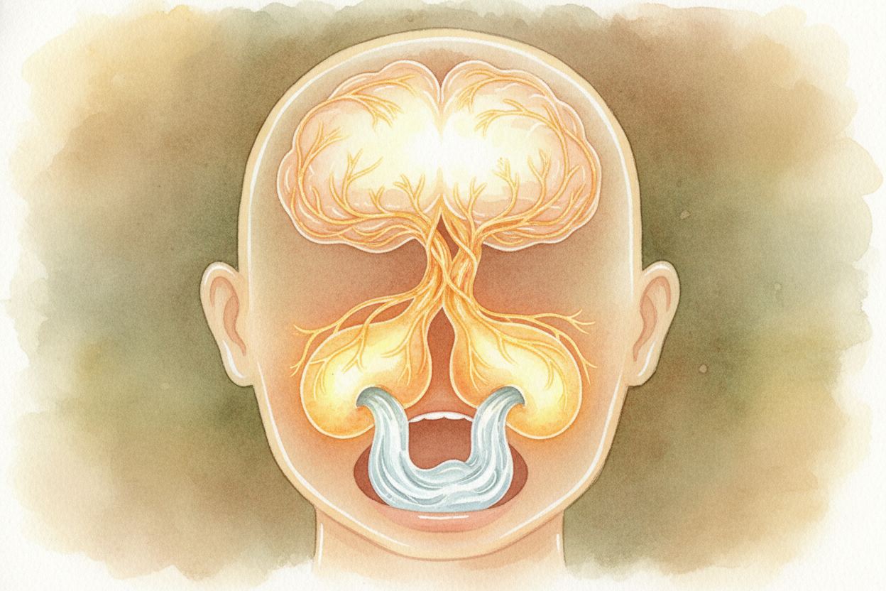 Your brain sends a message down to your salivary glands — those little spit factories tucked under your tongue and along