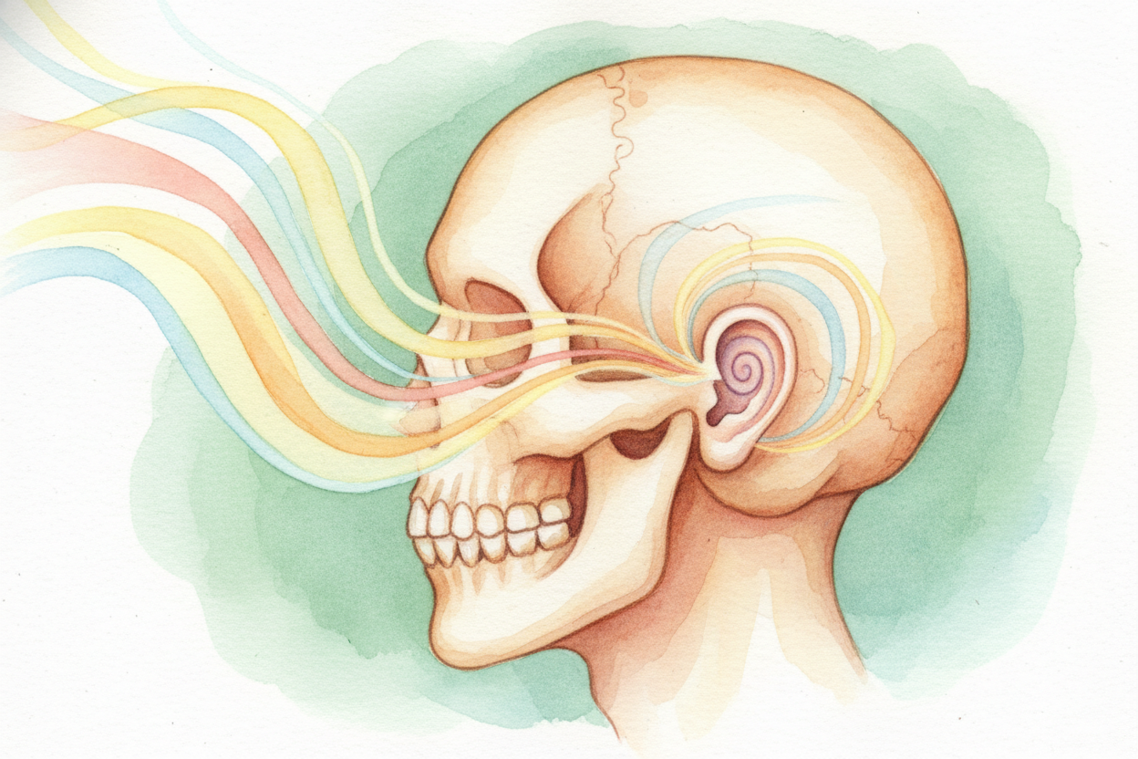 Inside your skull, those same vibrations also travel through the bones of your jaw and cheeks, buzzing directly into you