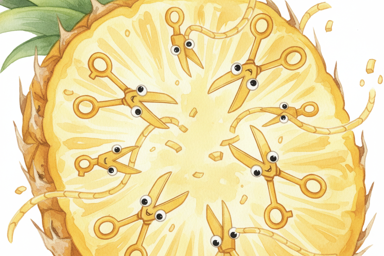 The culprit is a tiny molecular machine called ++bromelain++. It's an enzyme — a protein that speeds up chemical reactio