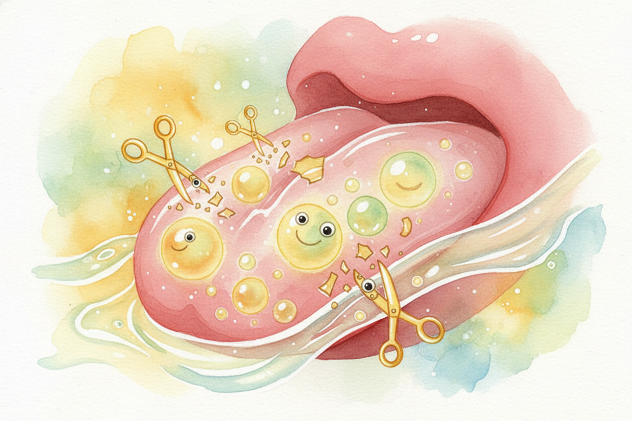 **Your mouth fights back**, of course. Your saliva *dilutes the enzyme*. Your tongue's cells *regenerate quickly*, repla
