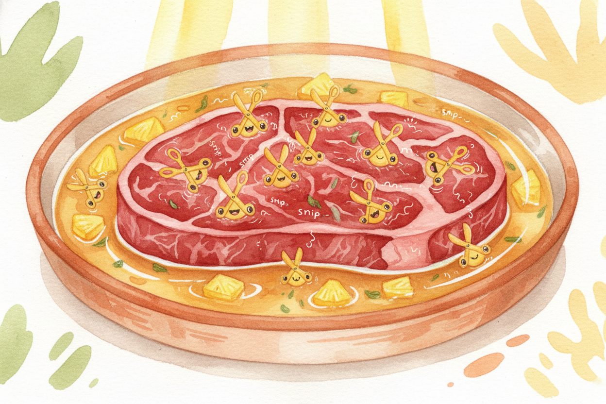 ~~Chefs use this superpower on purpose.~~ Marinate tough meat in pineapple juice, and ++bromelain++ tenderizes it by bre