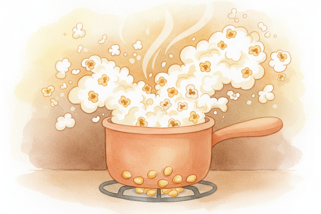 You're heating up a bag of popcorn, and suddenly — ~~BAM BAM BAM~~ — the kernels are **exploding like tiny fireworks**. 
