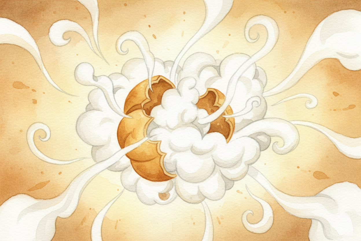 Finally, the shell can't take it anymore. It cracks — and ~~BOOM!~~ The **pressurized steam explodes outward** *in a fra