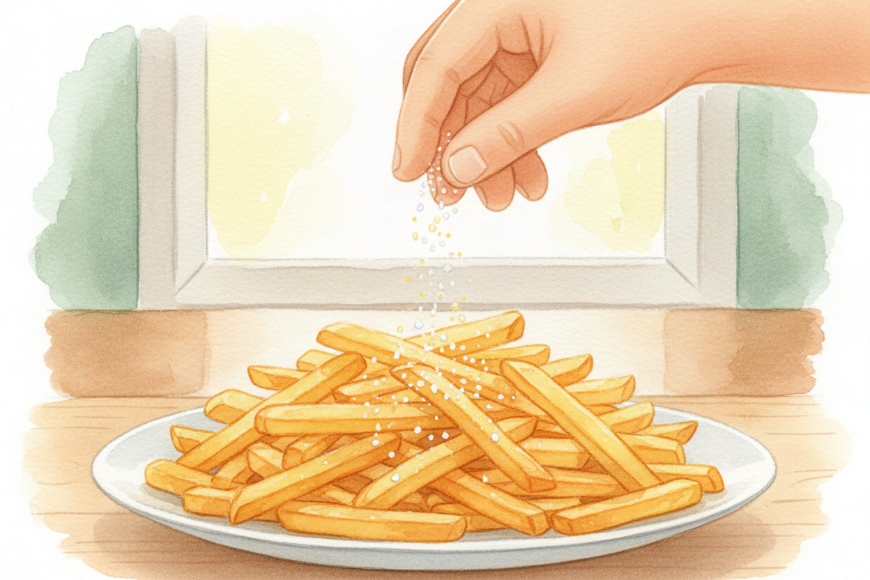 감자튀김에 소금을 조금 뿌리면, 갑자기 심심하던 맛이 *아주 맛있게 변해요*. 소금은 그 안에서 ~~대체 무엇을 하고 있는 걸까요?~~ 그저 음식을 "짭짤하게" 만드는 게 아니에요. 소금은 혀 위에서 완전히 다른 *