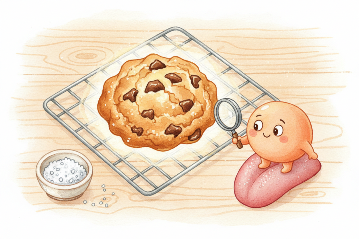 ~~정말 신기한 점은 바로 이거예요.~~ 소금은 단것을 *더 달게 느껴지게* 하고, 짭짤한 음식을 더 고기 맛 나게 느껴지게 하지만, 소금 자체가 단맛이나 고기 맛을 더하는 것은 아니에요. 음식 속에 이미 **숨어 