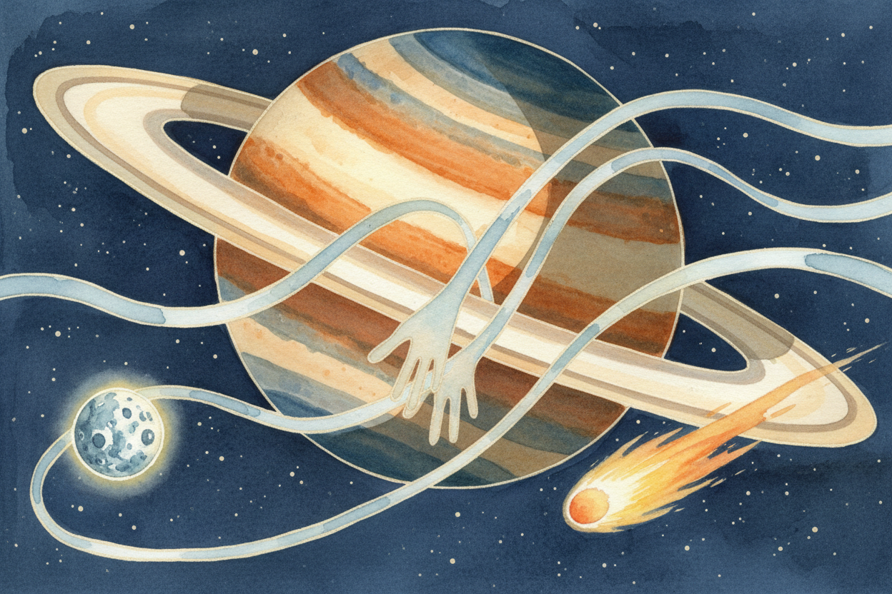 ++Saturn++ is HUGE — so huge that its gravity reaches out like an **invisible hand** and grabs things passing nearby. Sm