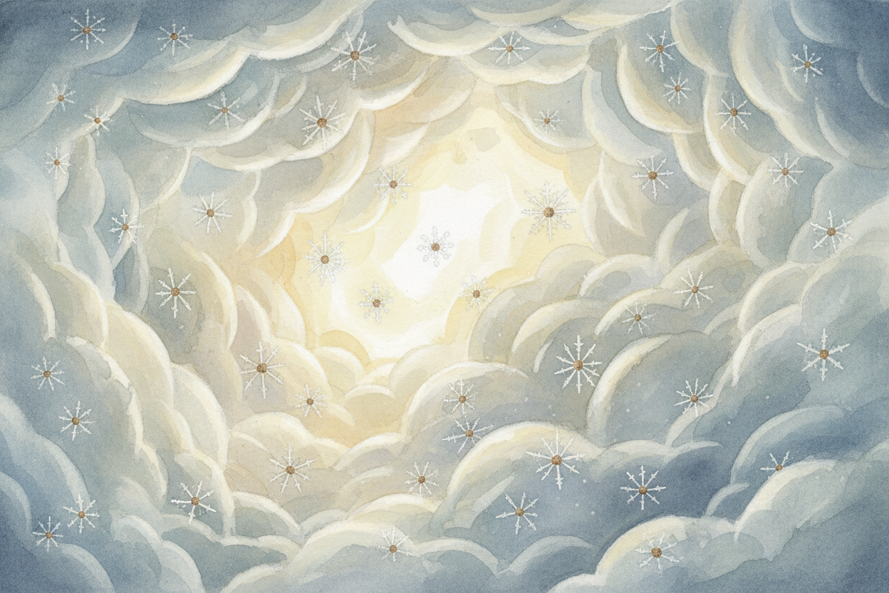 Up in the clouds, water vapor clings to tiny dust specks and freezes into ice crystals — the **baby version of snowflake