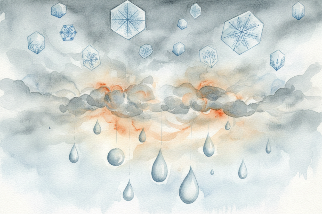 ~~But if~~ the air near the ground is **warmer than freezing**, the ice crystals melt on their way down. _The delicate b