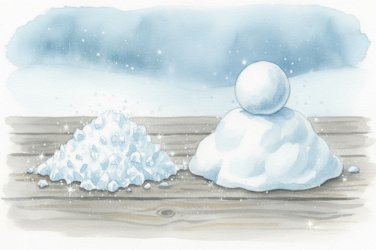 Temperature decides texture, too. **Super-cold snow** — the kind that falls when it's well below freezing — stays *light