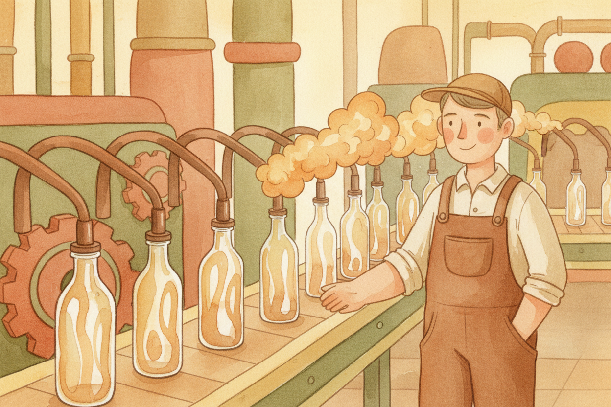 The secret is a gas called ++carbon dioxide++, or ++CO₂++ for short. At the factory, workers force this gas into the sod