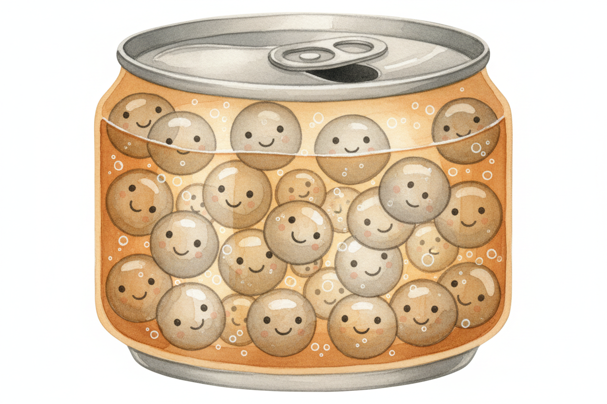 Inside the sealed can, the ++CO₂++ has nowhere to go. The pressure keeps it trapped in the liquid, **like a crowd squeez