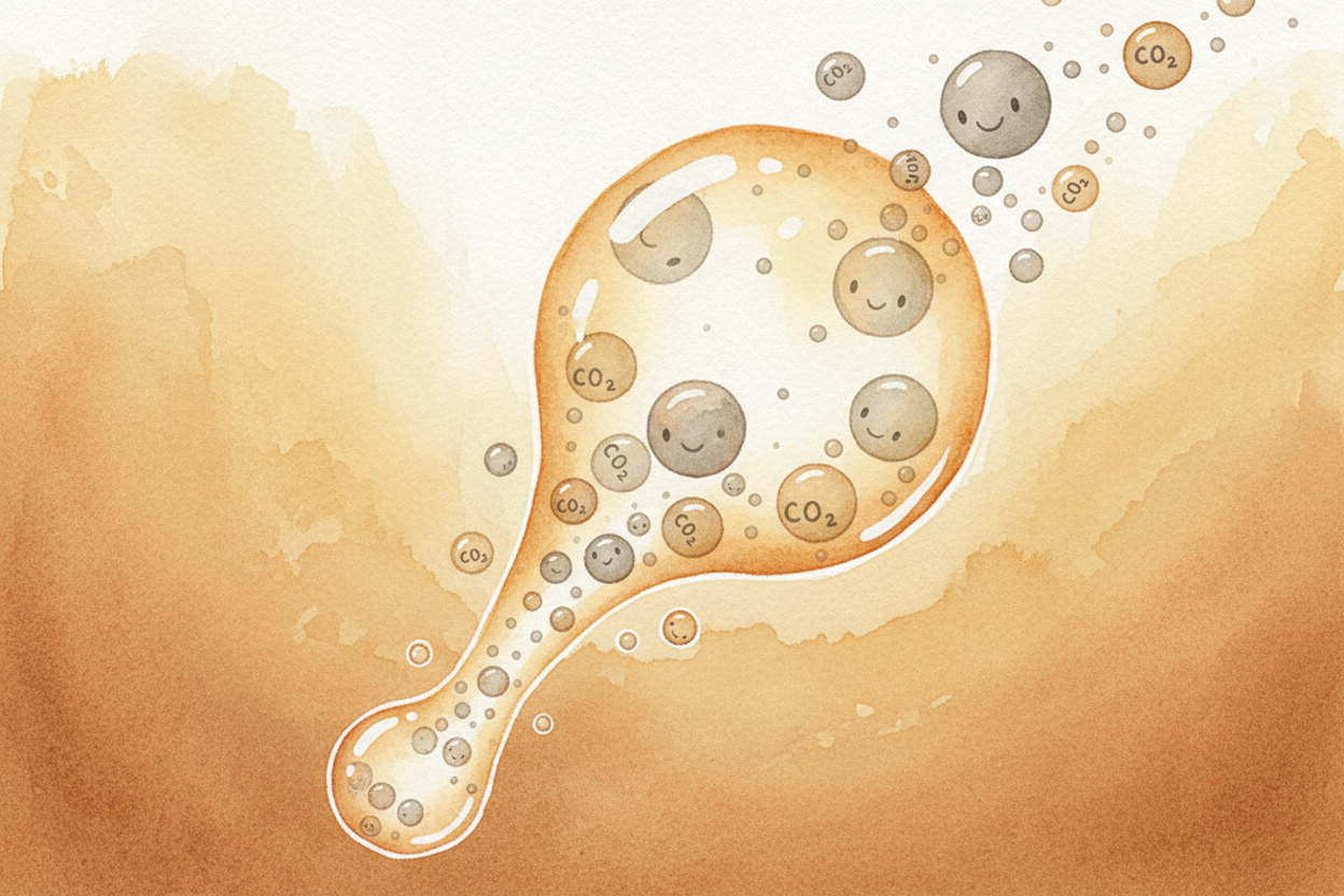 Once a bubble starts, more ++CO₂++ rushes to join it. The bubble grows bigger and lighter, then breaks free and **zooms 