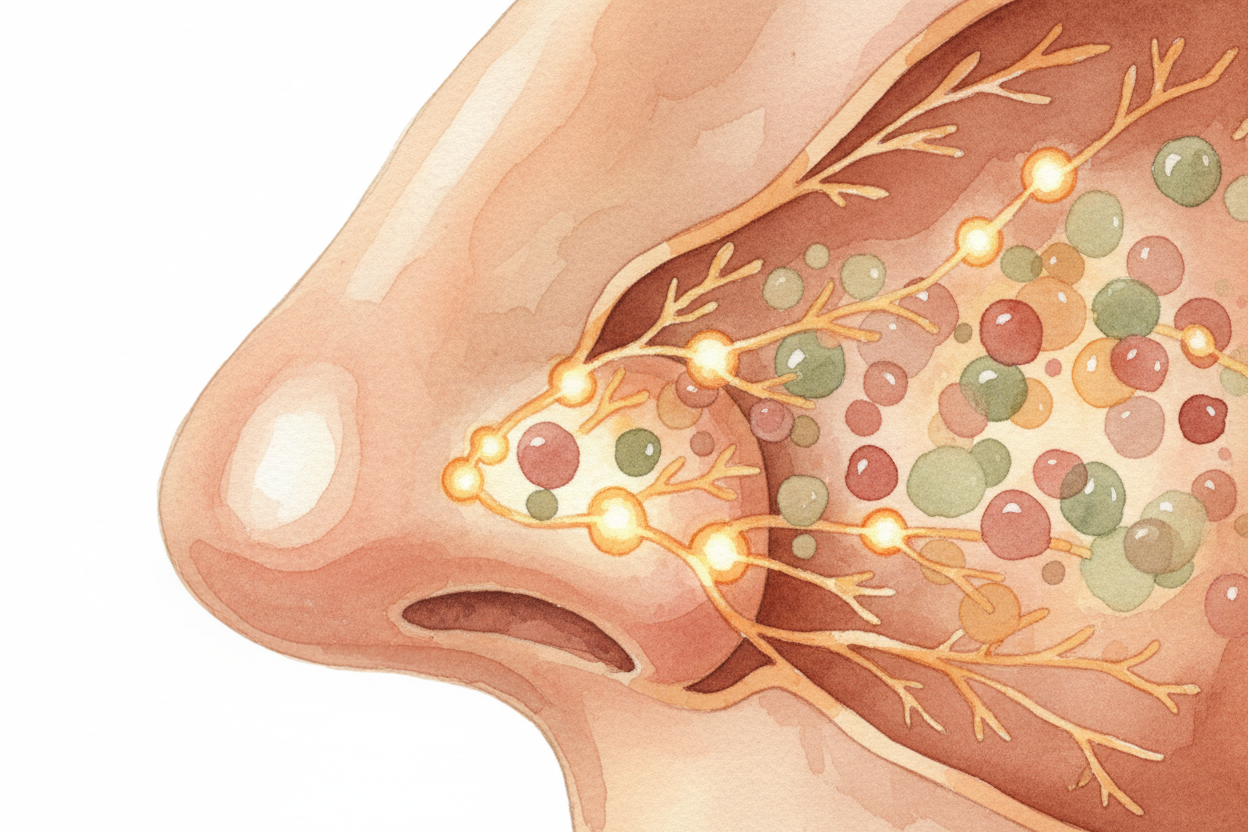 Your nose is built to detect this flood. Inside your nostrils, millions of ++smell receptors++ **wait like antennas**. W