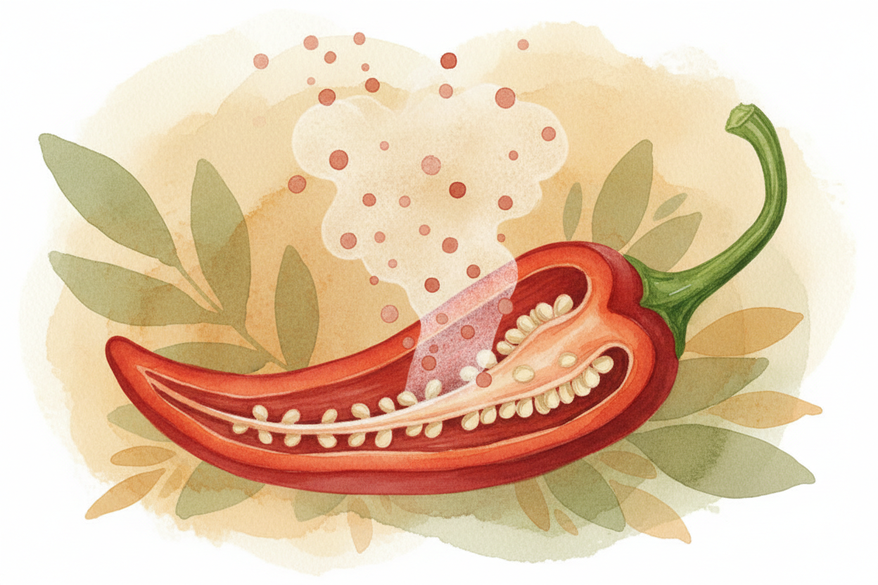 The culprit is a chemical called ++capsaicin++. It lives inside peppers, coating the white ribs and seeds. When you bite