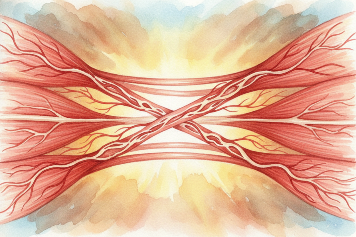 When you stretch, you're opening that hinge. Your muscles lengthen, pulling on the connective tissue around them **like 