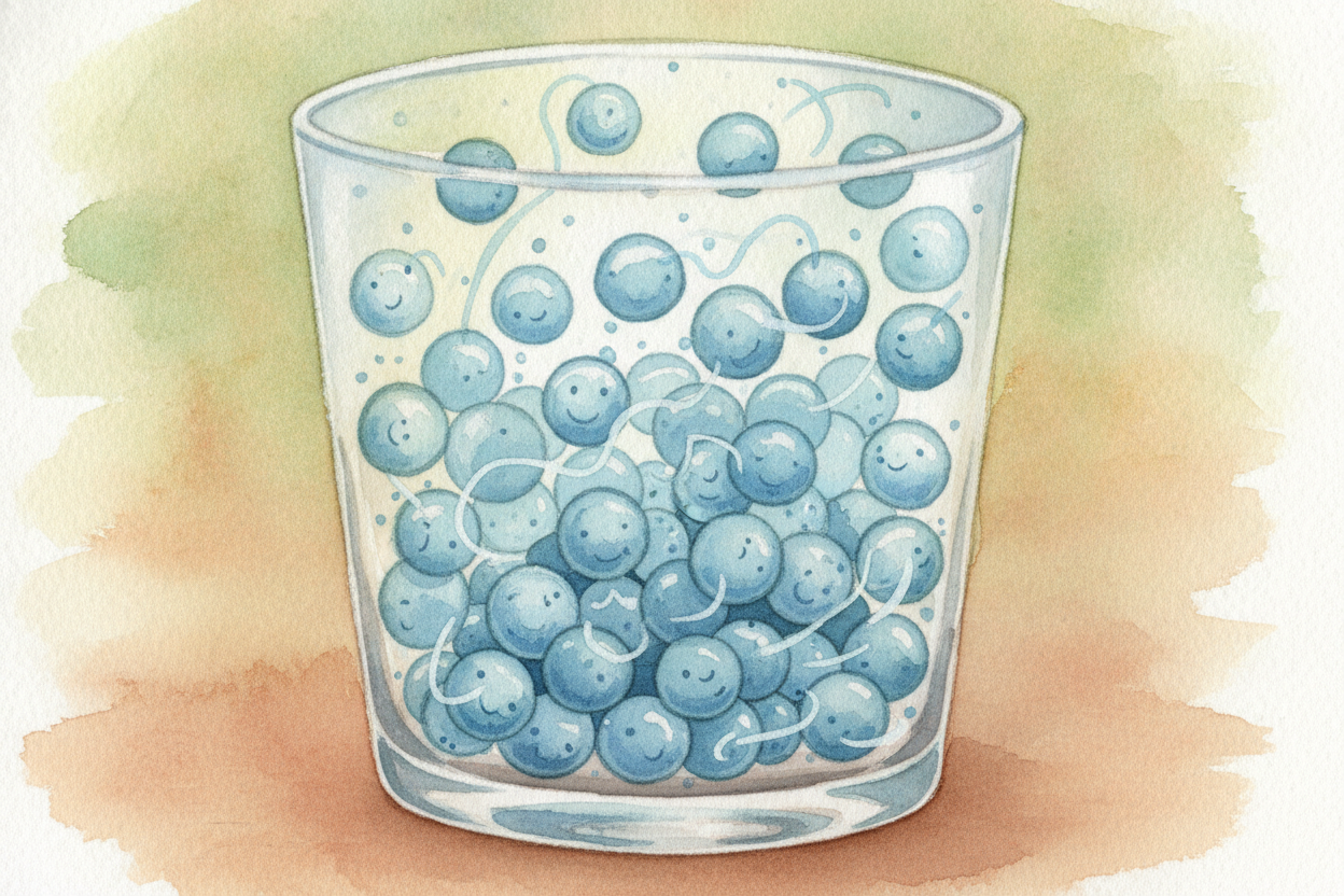 Now meet the water. Water is made of its own tiny pieces too, called ++water molecules++ — and they are **never, ever st