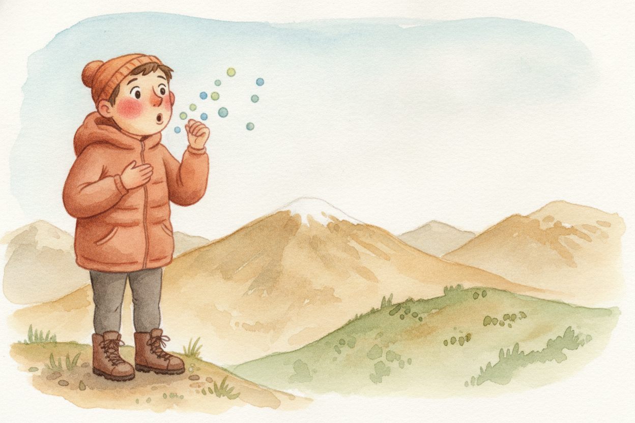 So when you breathe up on a mountain, your lungs grab the same big gulp — but it's **mostly empty space now**, with only
