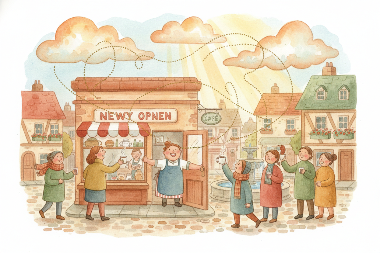 ~~Slowly, confidence creeps back.~~ Someone takes a risk — opens a new café, invents a new gadget, hires an assistant. T