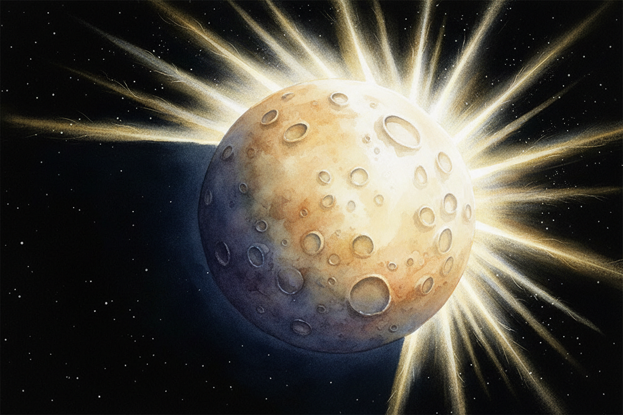 The moon doesn't make its own light — it's **more like a mirror**. The sun shines on it, *lighting up one half*, _while 