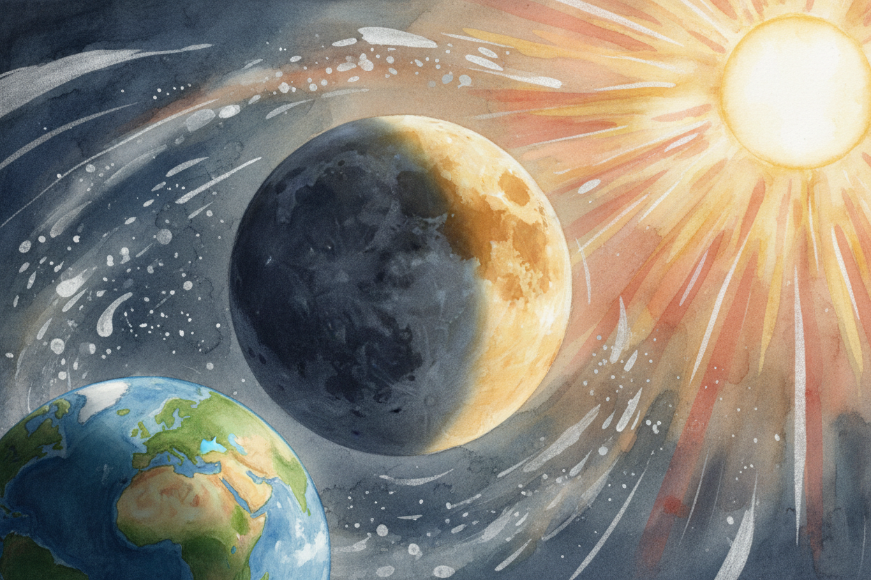 When the moon is between us and the sun, the bright side faces away. We see the dark side — or barely see it at all. Tha