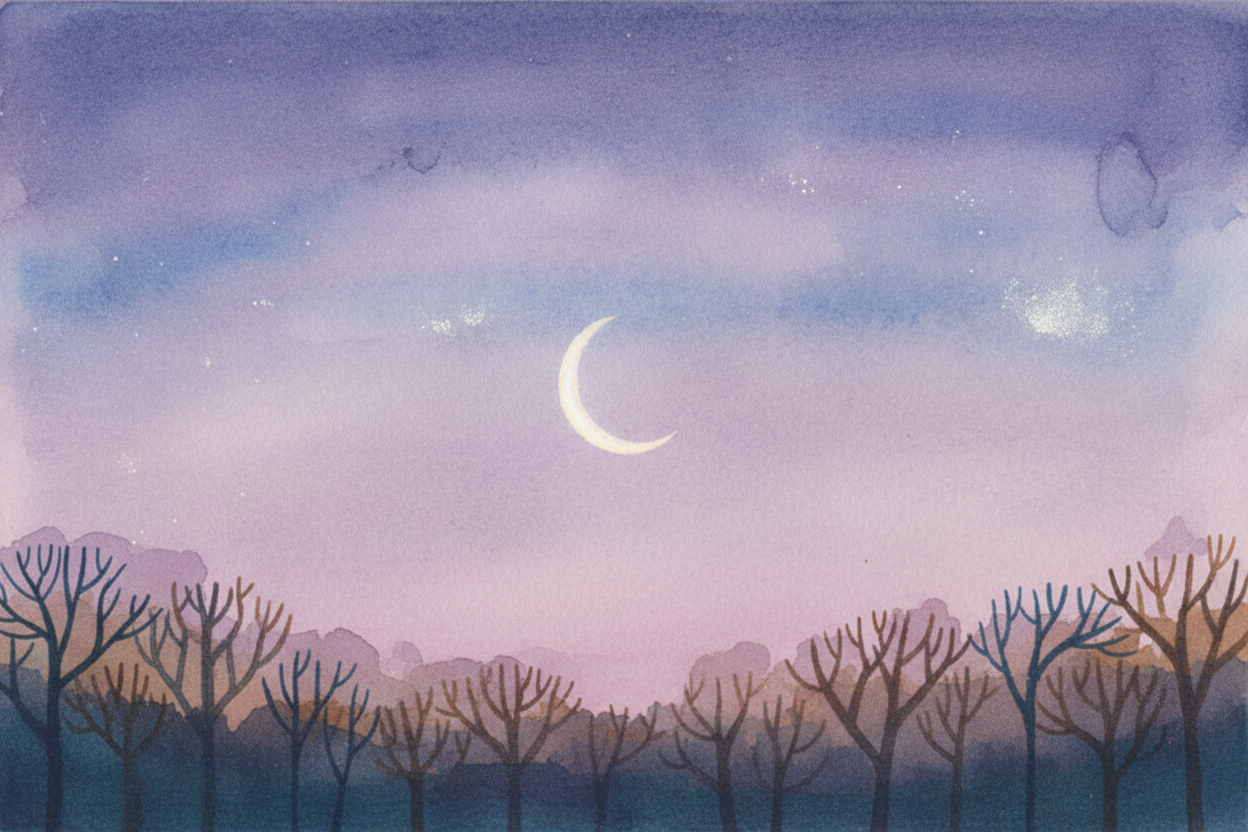 ~~A few nights later,~~ the moon has moved along its path. Now we catch a glimpse of the sunny edge — a thin crescent, l