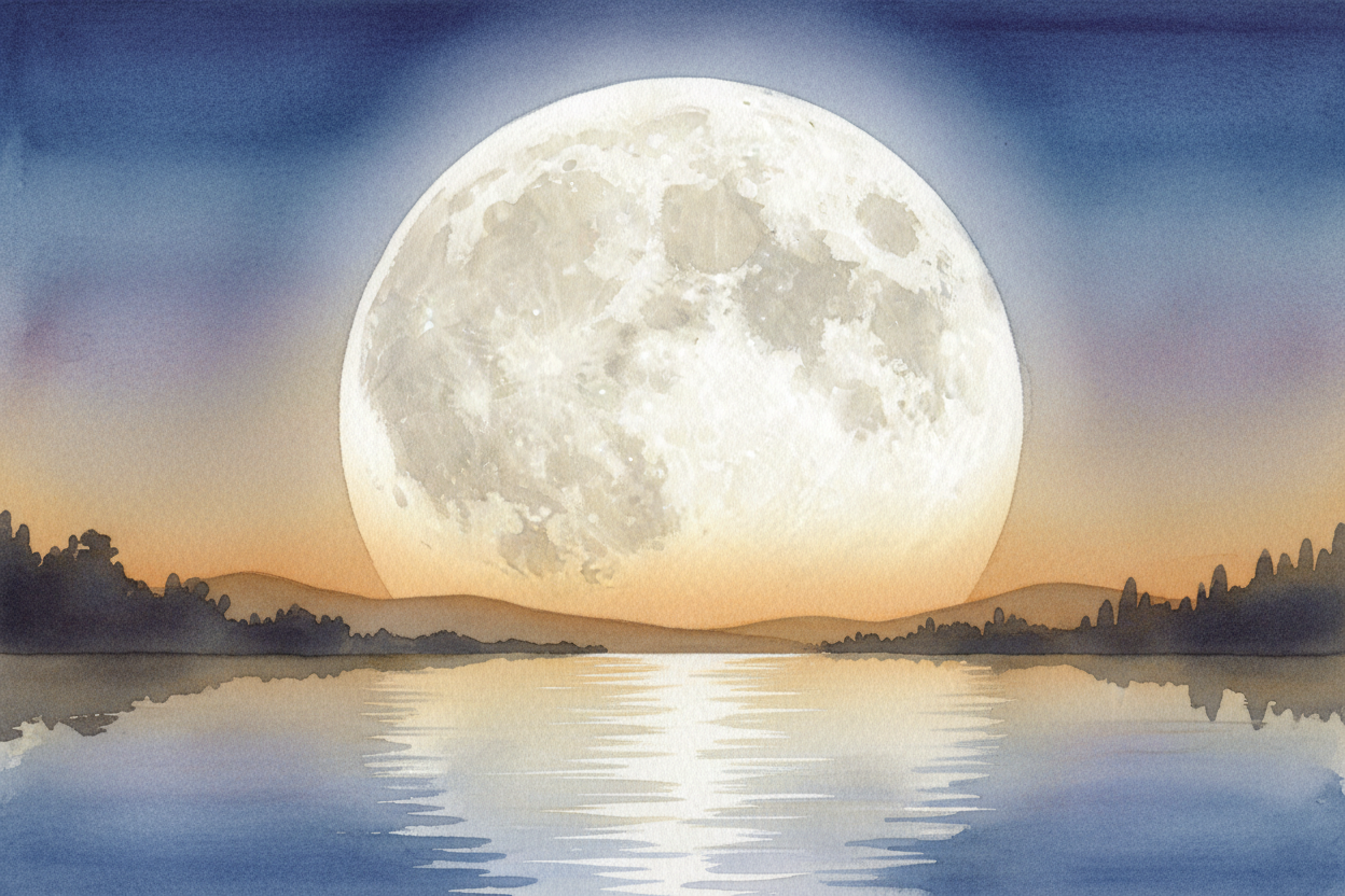 Finally, the moon swings around to the opposite side of Earth from the sun. Now the entire bright half faces us: ++full 