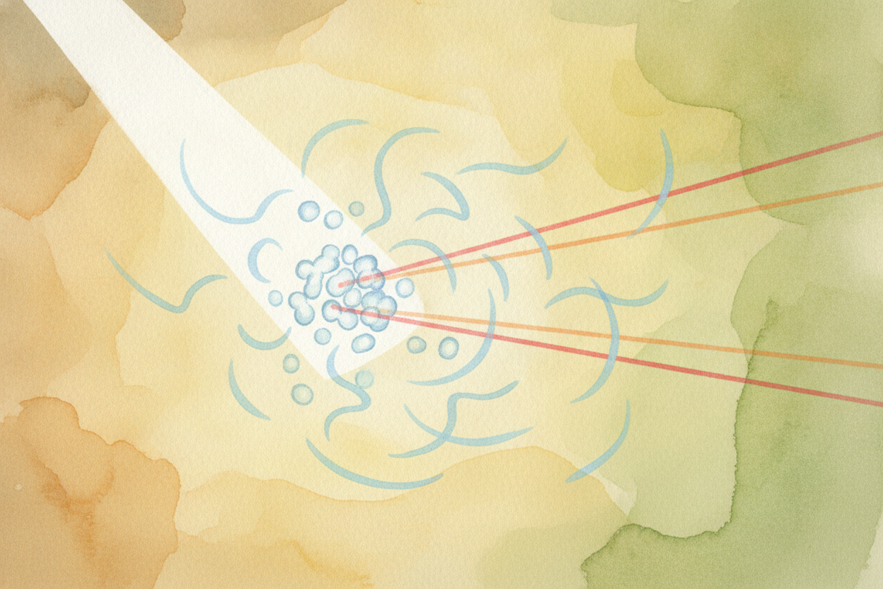 The long, lazy waves — red, orange, yellow — mostly sail straight past the little molecules, barely bothered. ~~But the 
