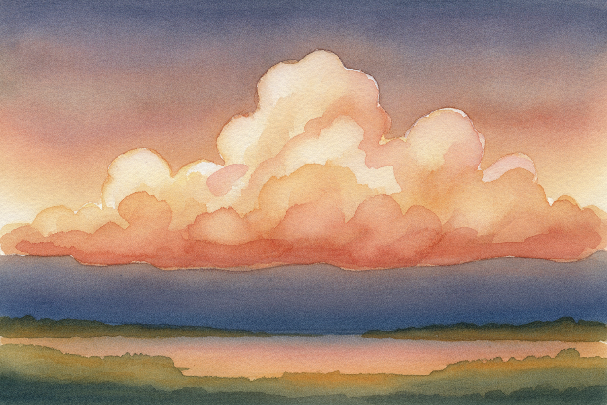 So the colors that survive the trip are **the warm ones**. They paint the clouds and the whole horizon in ~~orange, pink
