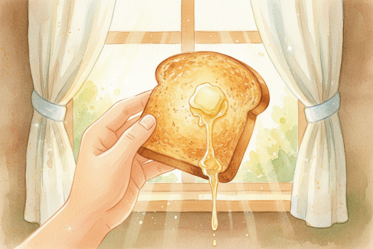 ~~그러니 다음에~~ 토스터 안에서 빵이 갈색으로 변하는 것을 보게 되면 *기억하세요.* 여러분은 단순히 빵을 데우는 게 아니에요. 여러분은 **부엌의 화학자**가 되어, **화씨 300도**에서 ~~아주 작은 충돌