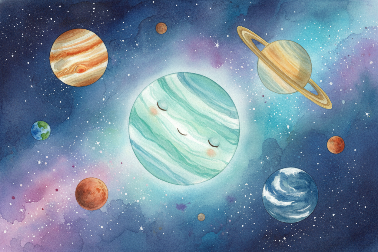 So why does ++Uranus++ spin on its side? Because long ago, in a crowded young solar system, it got ~~knocked clean over~