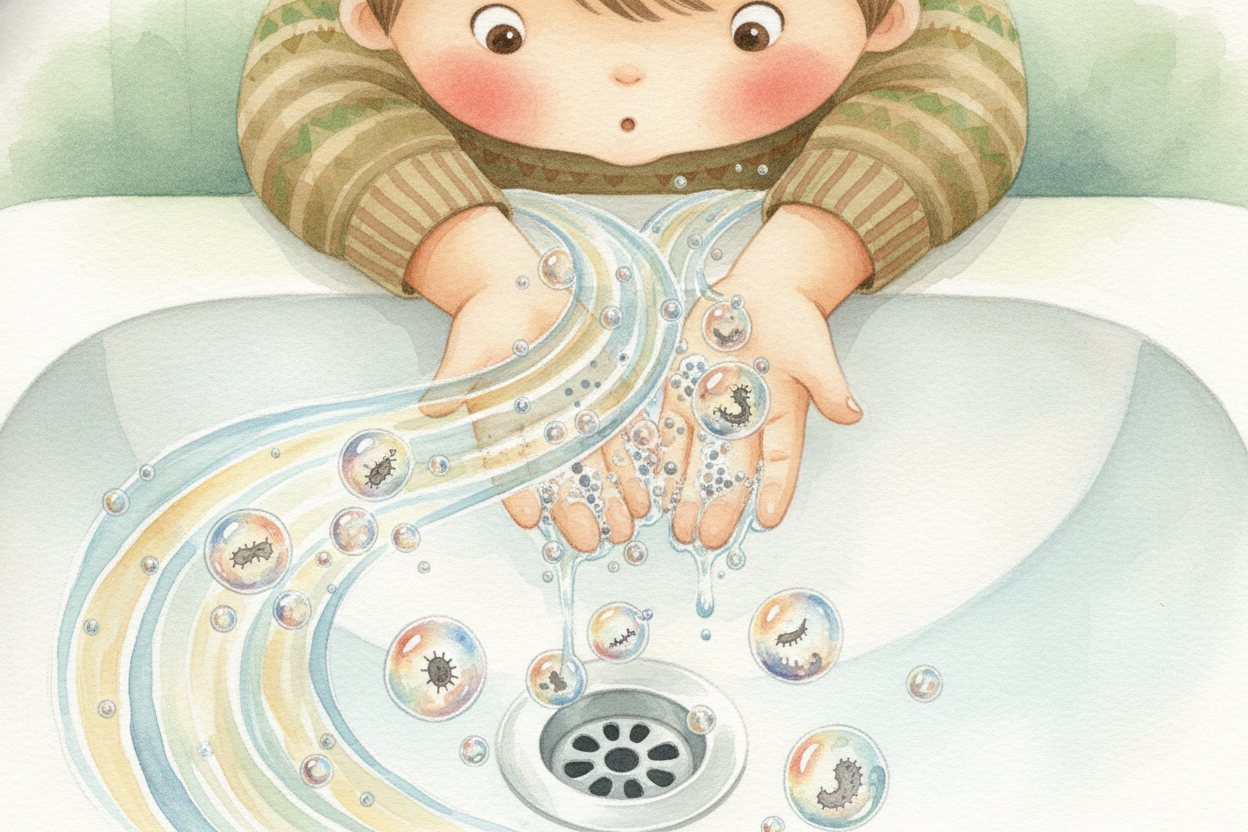 ~~The grand finale~~ is the rinse. Water alone can't grab oily germs — **oil and water famously don't mix**. But those s