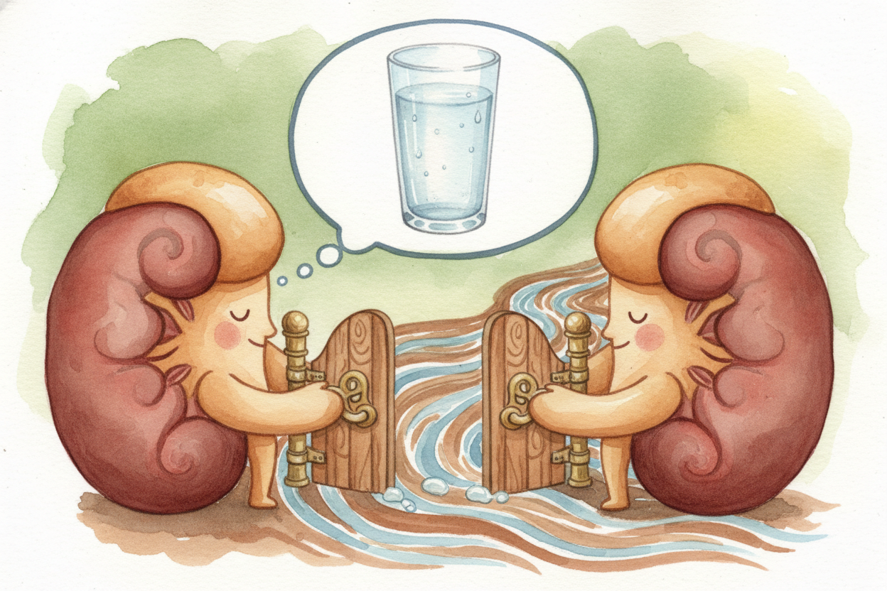 The ++hypothalamus++ does two things at once. First, it tells your kidneys, "~~Stop letting water leave!~~ *Hold onto ev