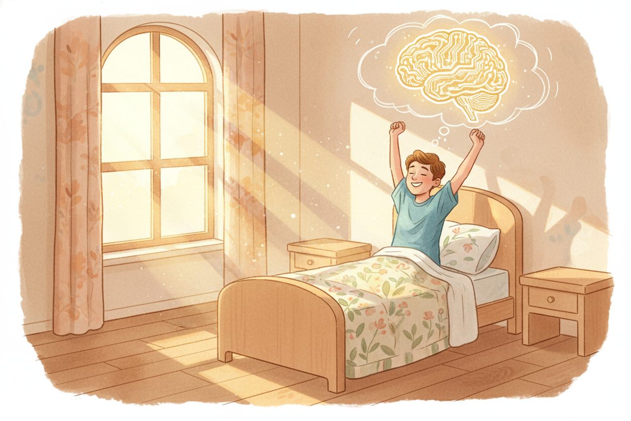 By morning, the adenosine is cleared, the memories are filed, the waste is flushed, and your body is repaired. Your **br