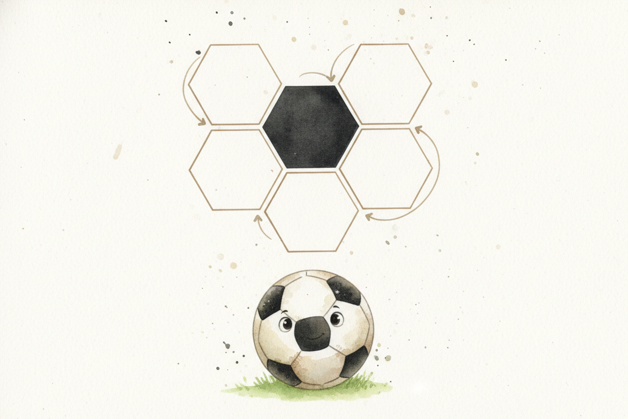The most famous soccer ball pattern uses two shapes: pentagons (five-sided) and hexagons (six-sided). Specifically, 12 b