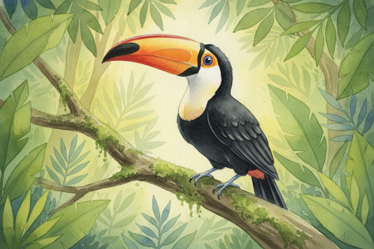 Deep in the rainforest sits ~~a bird wearing what looks like a banana on its face~~. The toucan's beak is enormous — **a
