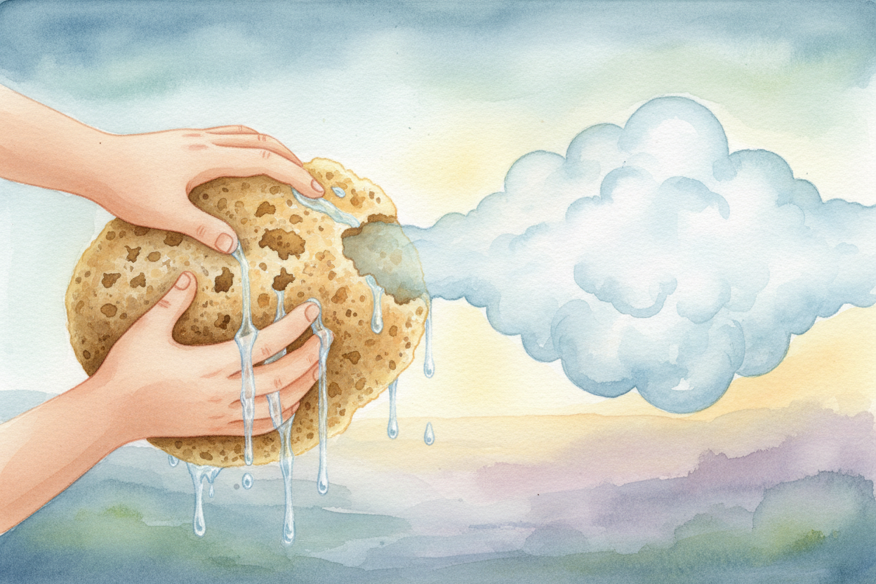 Warm air can hold lots of invisible water vapor, *like a sponge holding water*. But when air cools down, **it's like squ