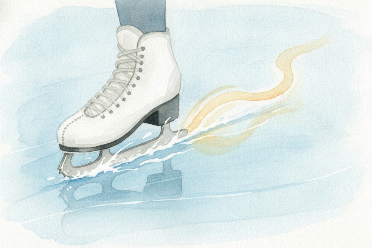 And ~~here's the clever twist:~~ pressing and sliding can make that watery layer even bigger. Skates squeeze and rub the