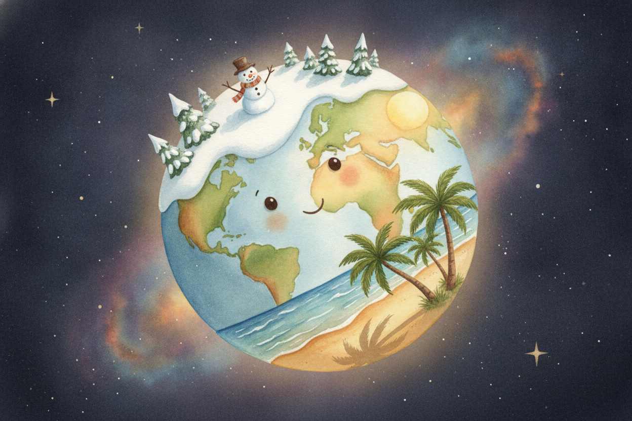 This tilt also explains a ~~fun fact:~~ the seasons are ****flipped**** between the top and bottom of the planet. When t