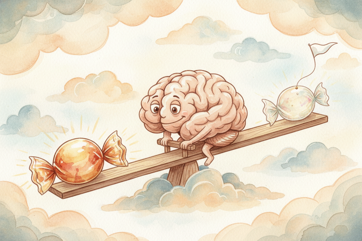 ~~Here's the trick~~ your brain plays on you: right now feels HUGE, and later feels like a fuzzy cloud. The candy is rea