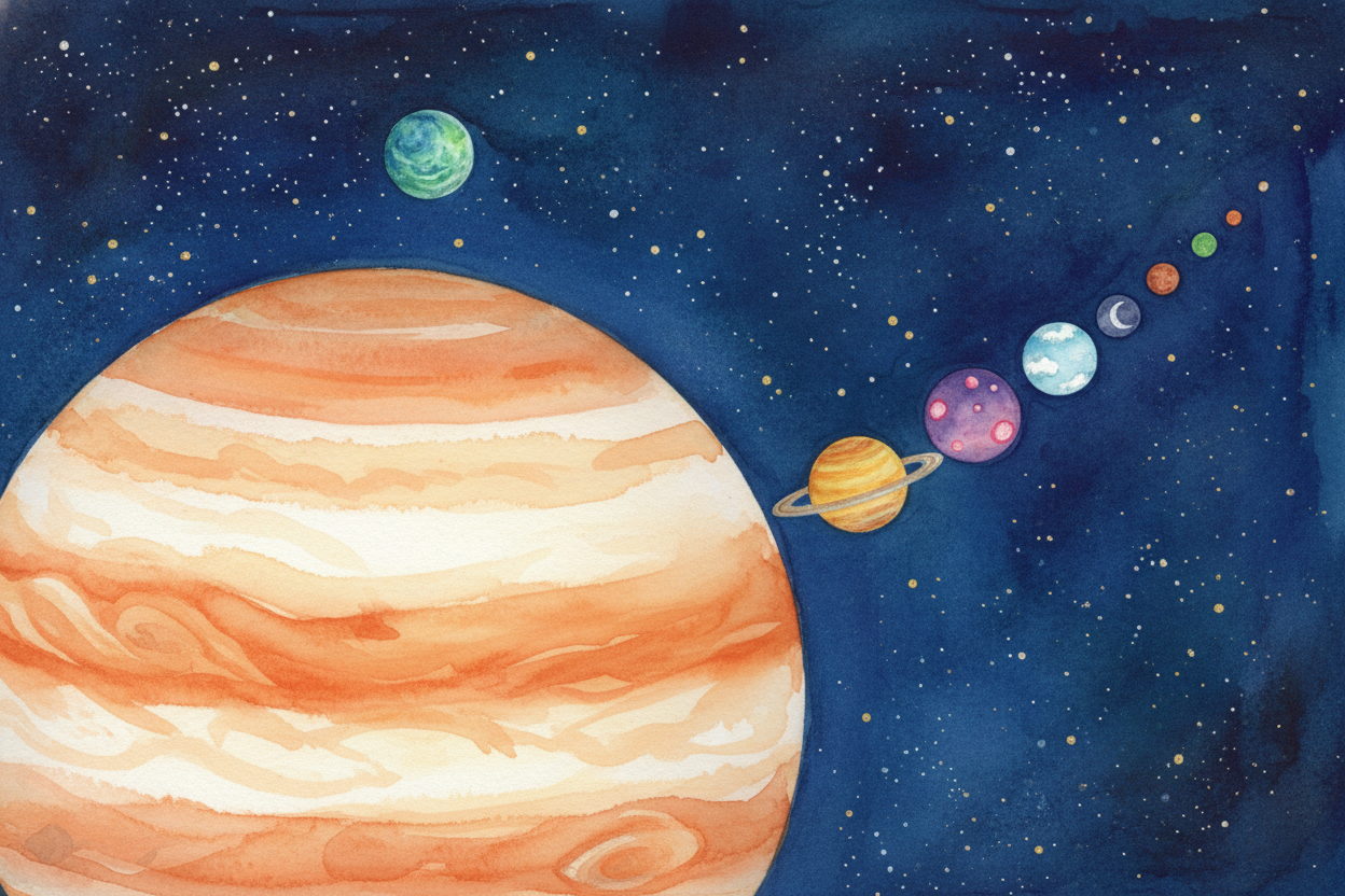 Line up all eight planets and one of them dwarfs the rest. ++Jupiter++ is so enormous that you could **pour every other 