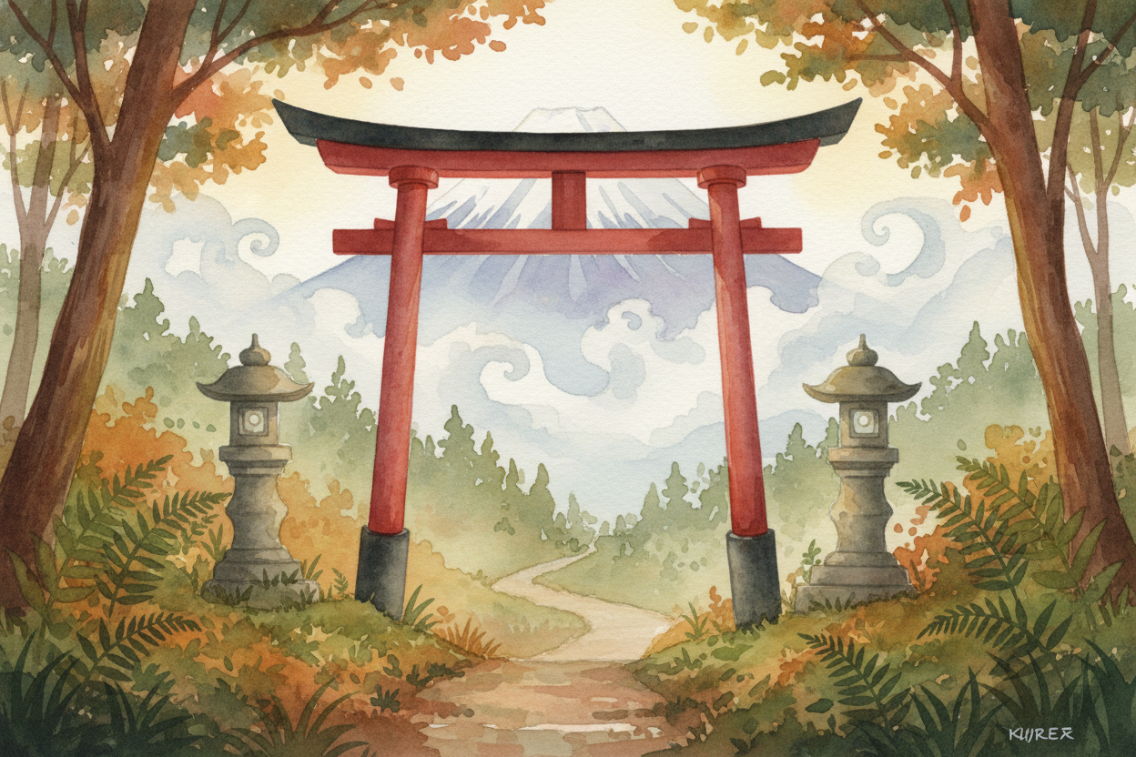 ++일본++의 많은 사람들에게 ++후지산++은 단순한 지리가 아니에요. 신성한 곳이죠. 산기슭과 정상에는 ++신토 신사++가 있어요. 후지산을 오르는 일은 순례이기도 해요. 오래된 믿음에 따르면 이 산에는 불의 여신