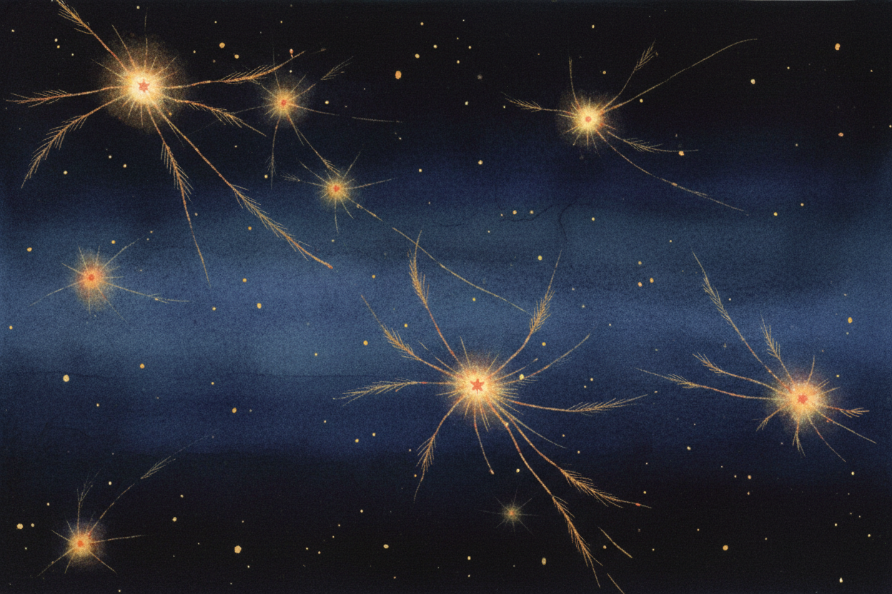 Stars are the same way. **Each star is a sun** blasting light in all directions. But space is so enormous and empty that