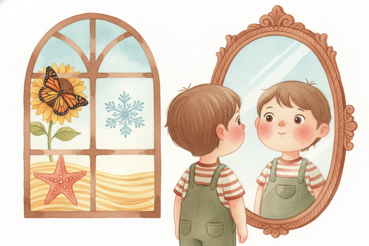 ~~Look at your face in the mirror.~~ *Two eyes. Two ears. One nose right down the middle.* Now look at a butterfly, a st