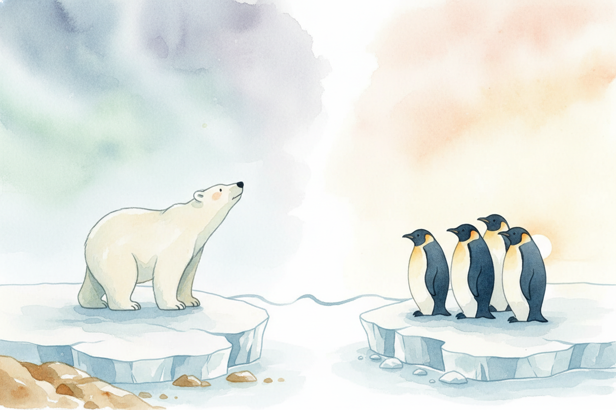 The animals know the difference, too. ++Polar bears++, walruses, ++Arctic foxes++ — they live in the north, hunting on t